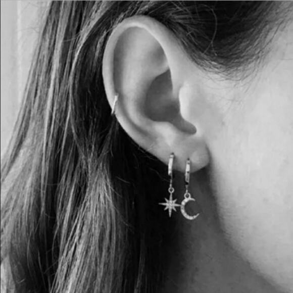 Silver Dainty Star Crescent Moon Earrings - Picture 2 of 2